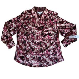 Foxcroft Button Shirt Womens 16W Wrinkle Free 100% Cotton Floral Long Sleeves